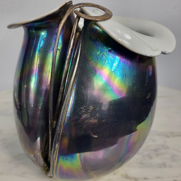 STUNNING VINTAGE IRIDESCENT STERLING SILVER FOLD OVER POTTERY CERAMIC VASE DISH - Picture 10 of 16